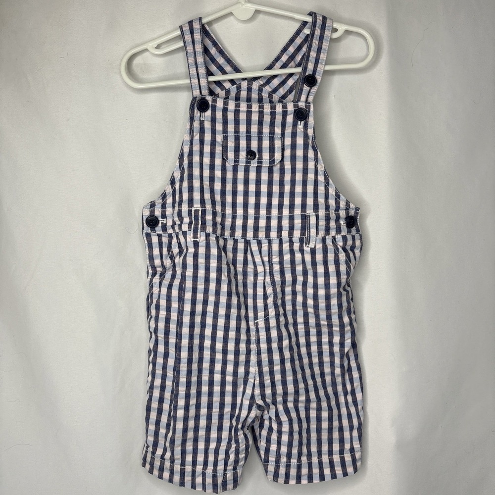 Vtg Jacadi Paris Infant OS Gingham Checkered Shortfalls Overalls Blue Pink